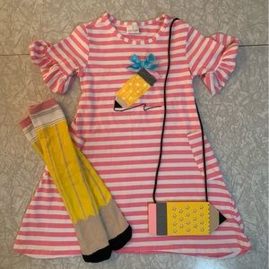 Back to School Girls Pencil Appliqué Dress Size 5 with matching Socks and Purse